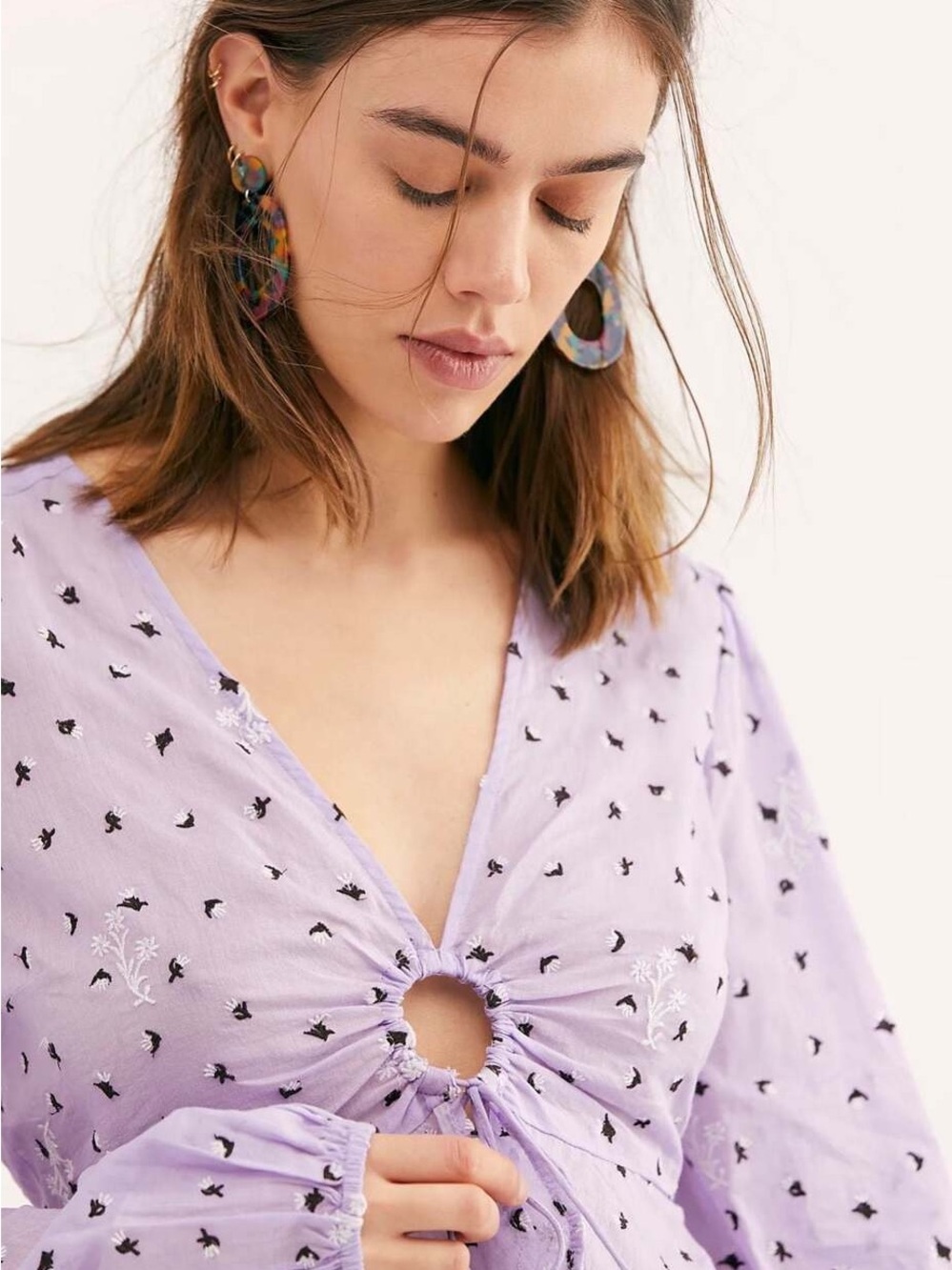 Free People La Rose Embroidered Tie Front Cropped Top - XS